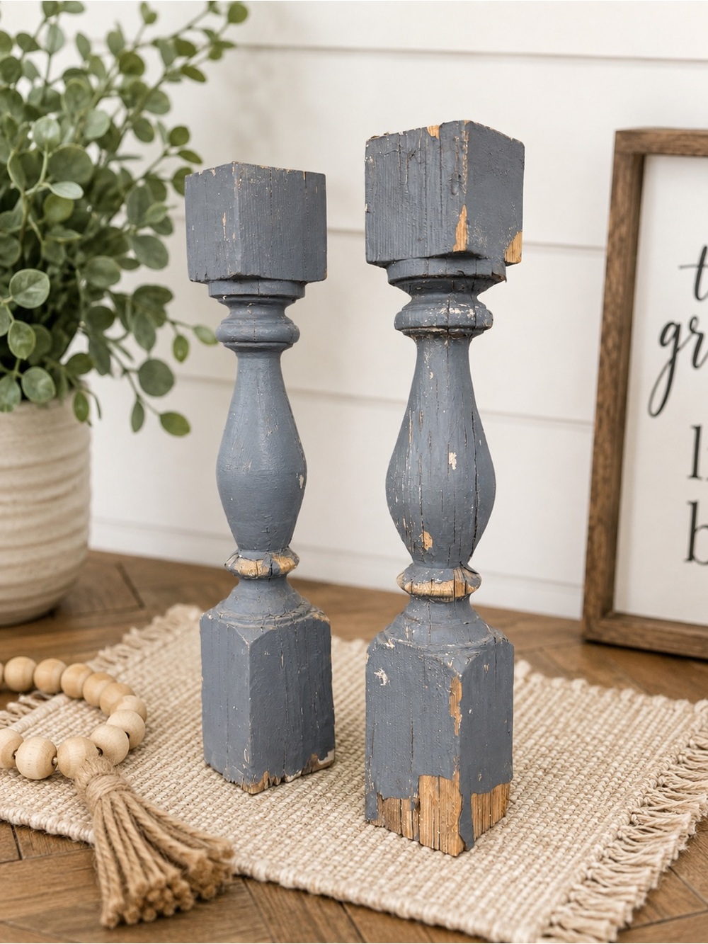 Rustic Distressed Wooden Candle Holders Set of 2 | 18” Farmhouse Table Decor